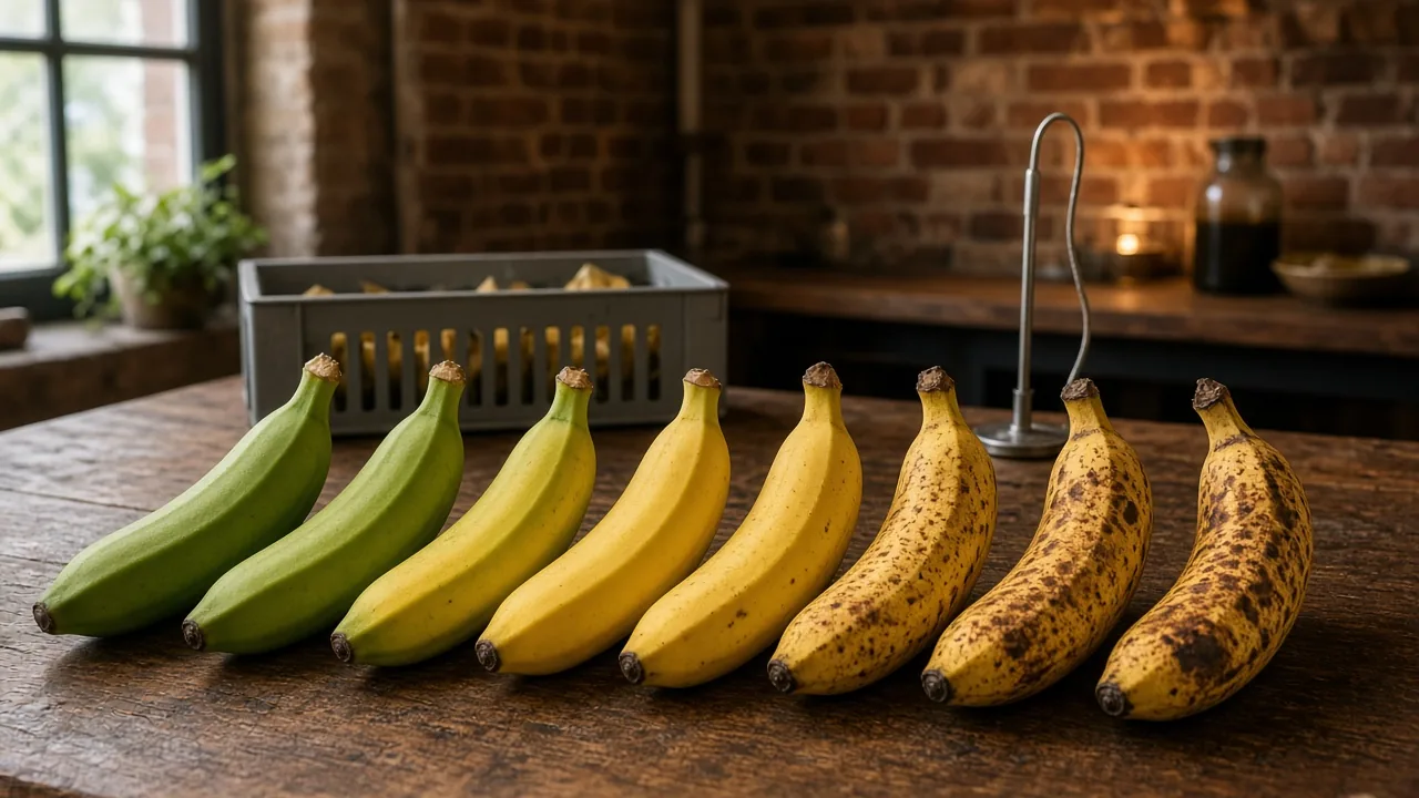 Zeven bananen in rijpheidsstadia van groen tot gevlekt in een Utrechts fruitkennis laboratorium
