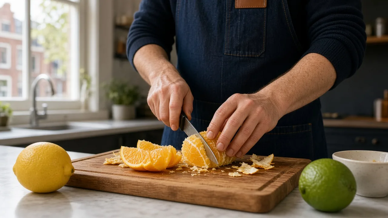 Docent demonstreert supreme-snit van een sinaasappel tijdens citrusles in een Utrechts keukenlokaal