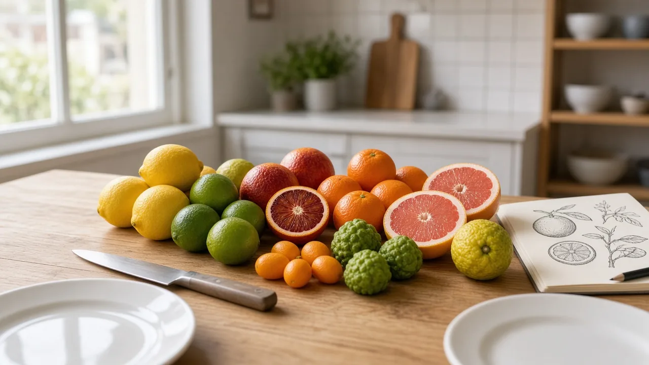 Citroenen, limoenen, bloedsinaasappels en kumquats uitgestald op een eikenhouten tafel in Utrecht