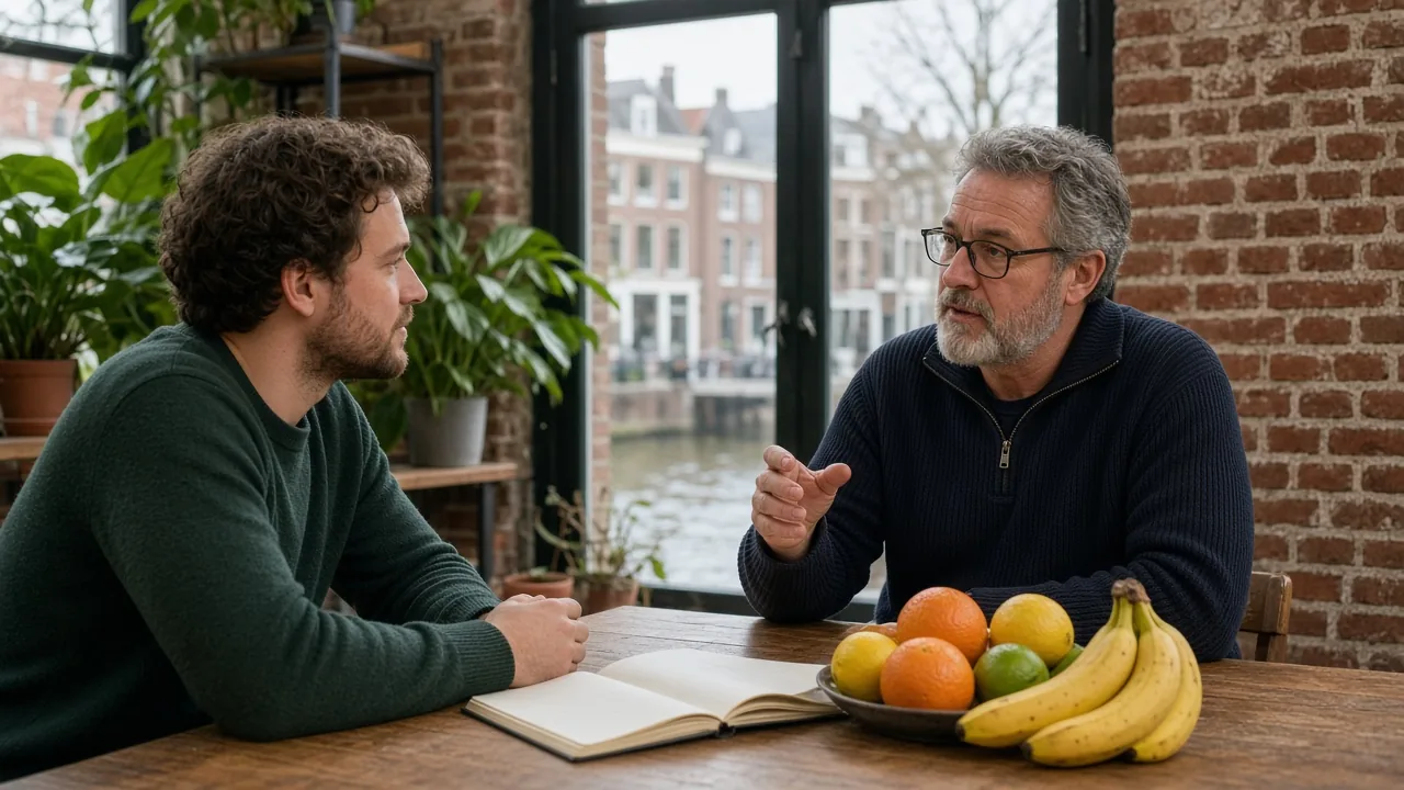 Gesprekstafel in het Utrechtse fruitkenniscentrum voor het intakegesprek over citrus en bananen