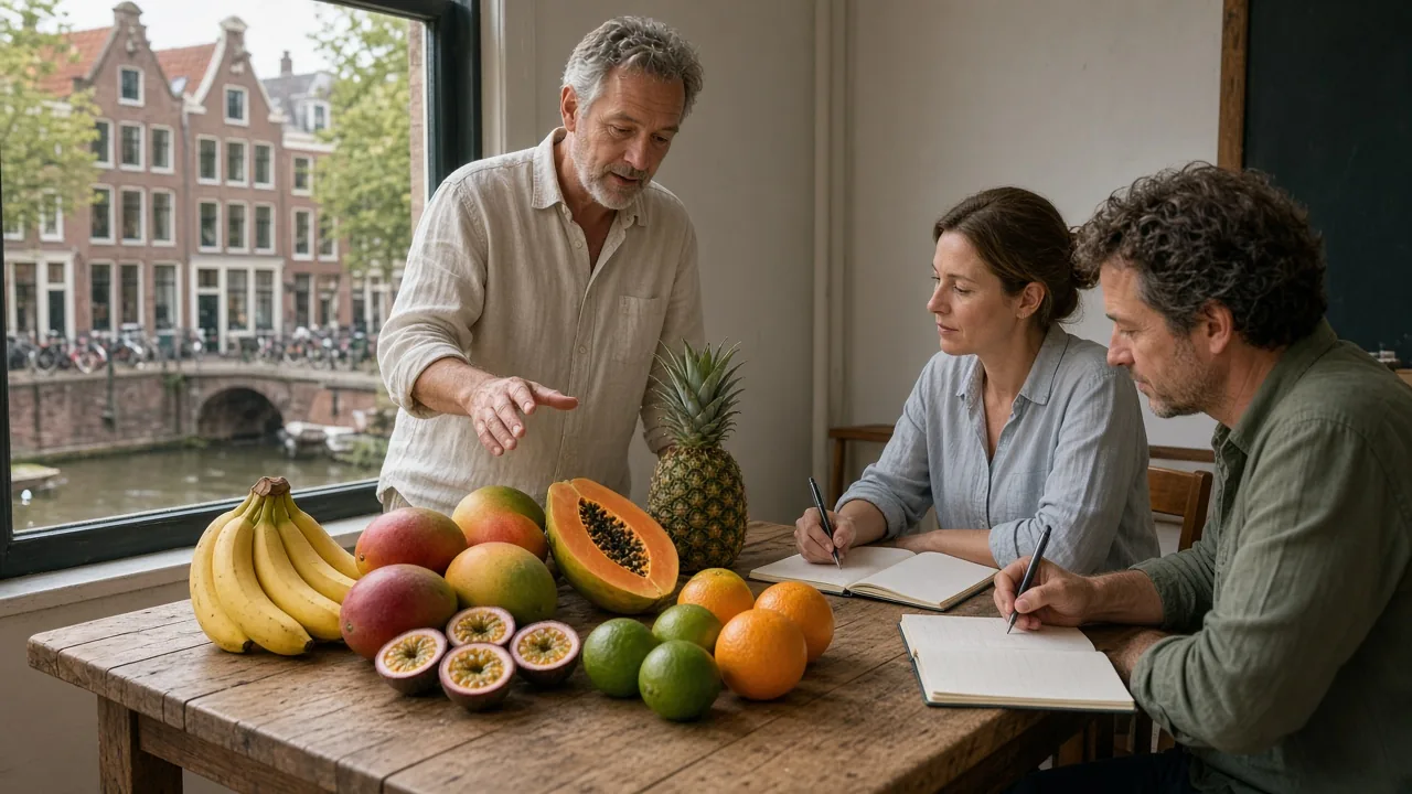 Docent toont tropisch fruit en citrus aan twee cursisten in een Utrechts kanaalhuisleslokaal