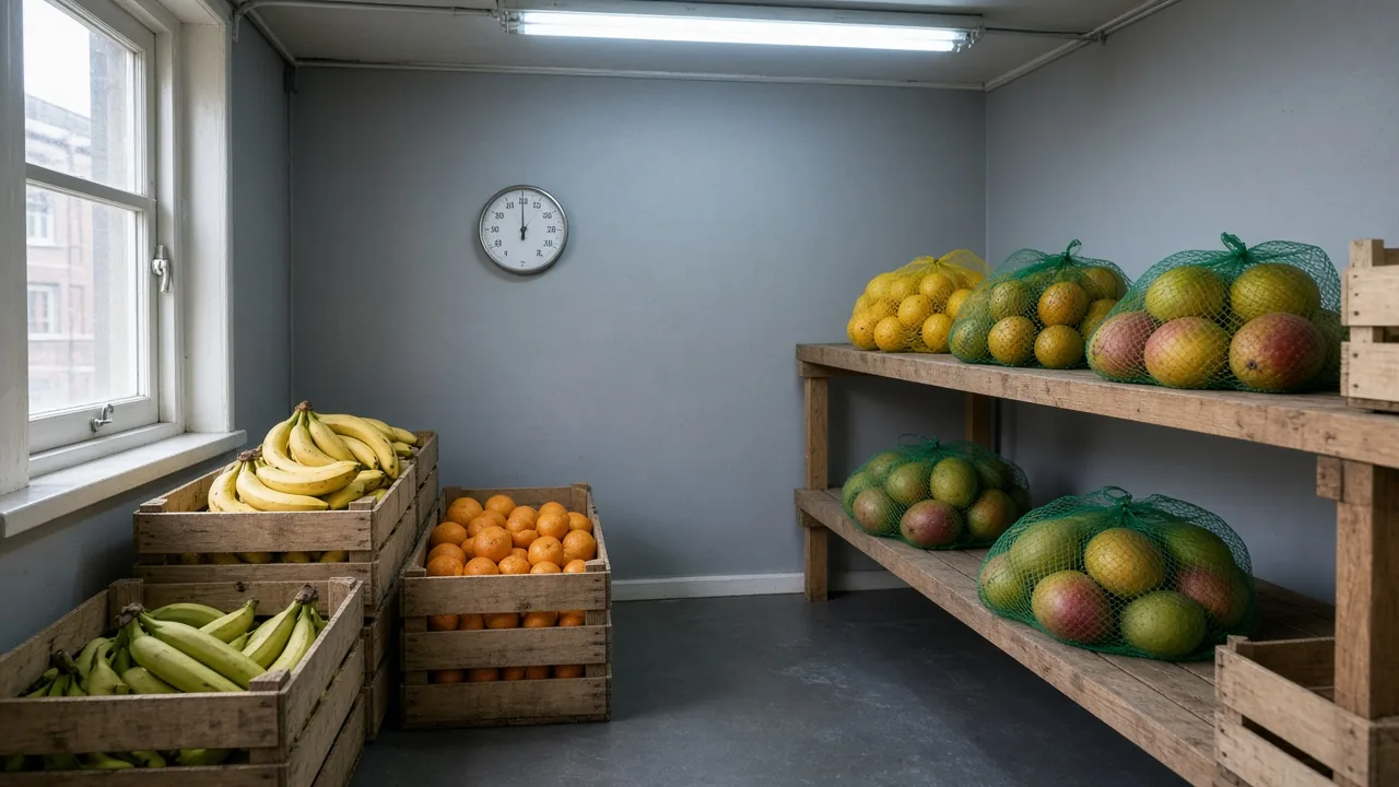 Houten kratten met bananen en citrus in een kleine Utrechts rijpkamer met thermometer aan de muur