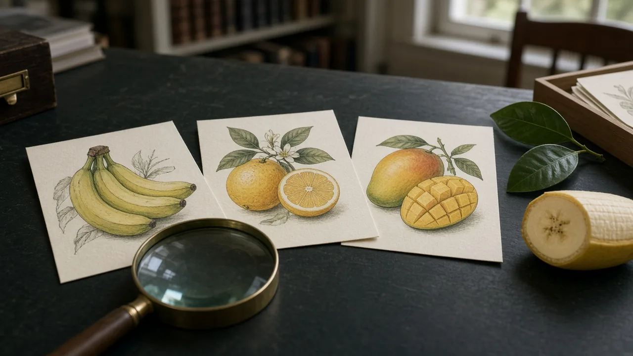 Studietafel met botanische fruitkaarten, loep en bananendoorsnede in een Utrechts kenniscentrum
