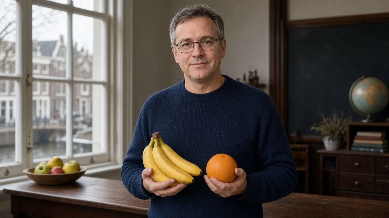 Dr. Ir. Maarten van Dijk met bananen en sinaasappel in een Utrechts kanaalhuisleslokaal