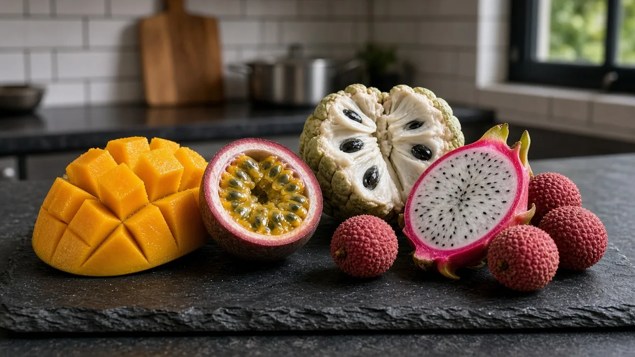 Mango, geopende passievrucht en anona op een leistenen plank in een Utrechts keukenlokaal