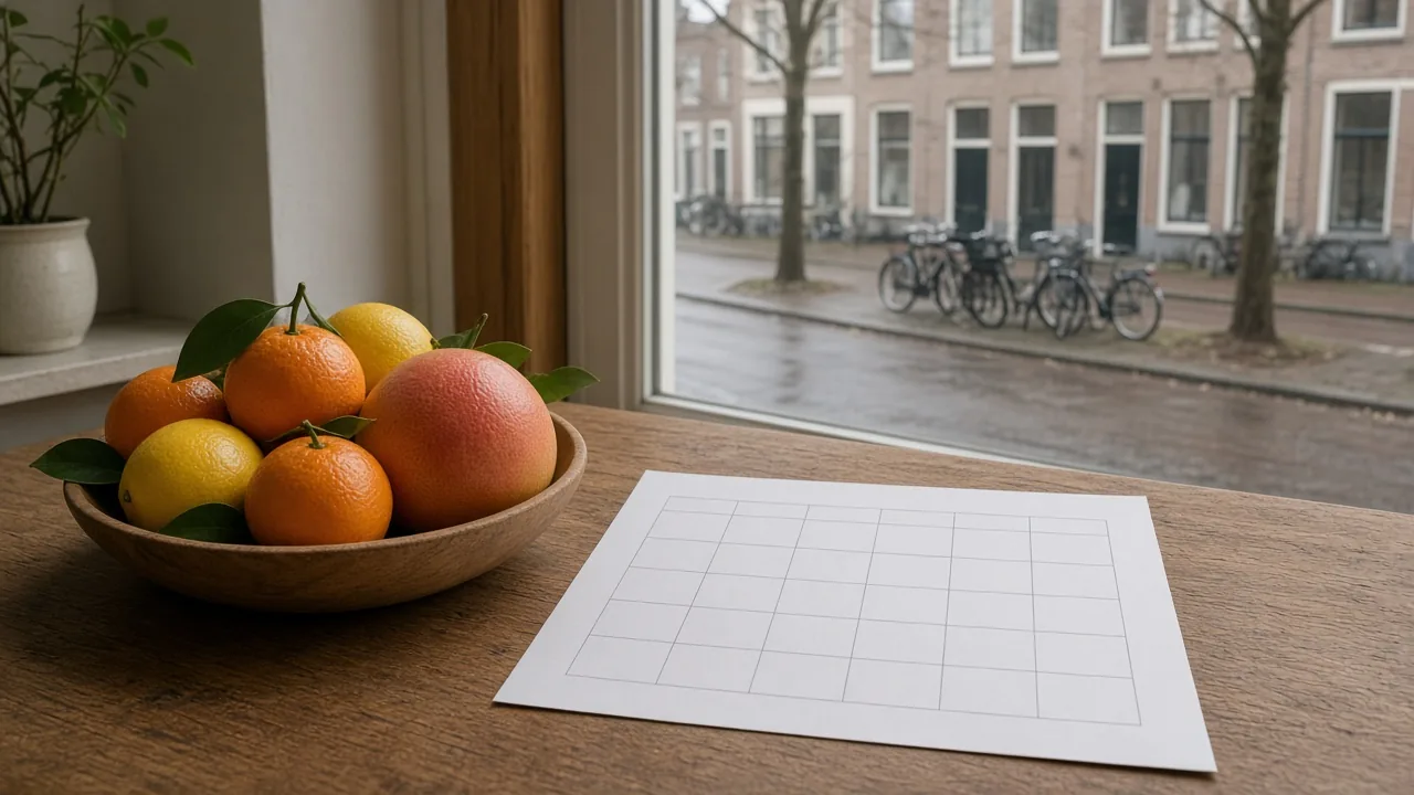 Wintercitrus op een houten tafel bij een Utrechts raam met grijze straat, seizoensles citrus